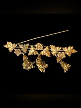Art Nouveau (1890-1910) 3” brass brooch bar pin floral motifs & tassels